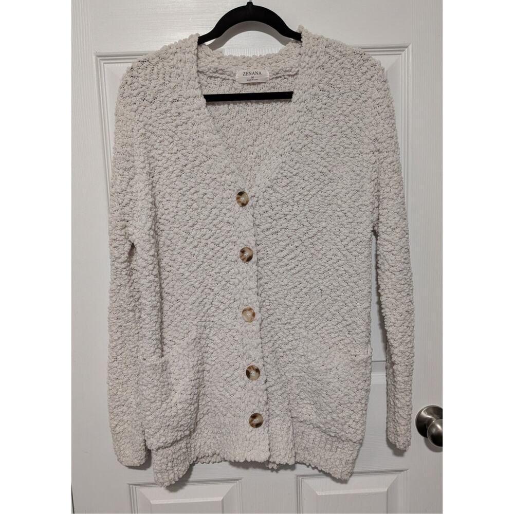 Zenana Cream/Off White Popcorn Knit Button-Up Cardigan Sweater Size Medium NWOT